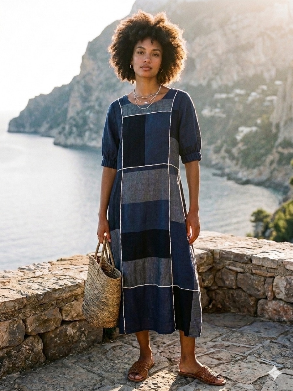 Manan Sehr Metallic Linen Piping Dress - Navy Size Small 100% Linen